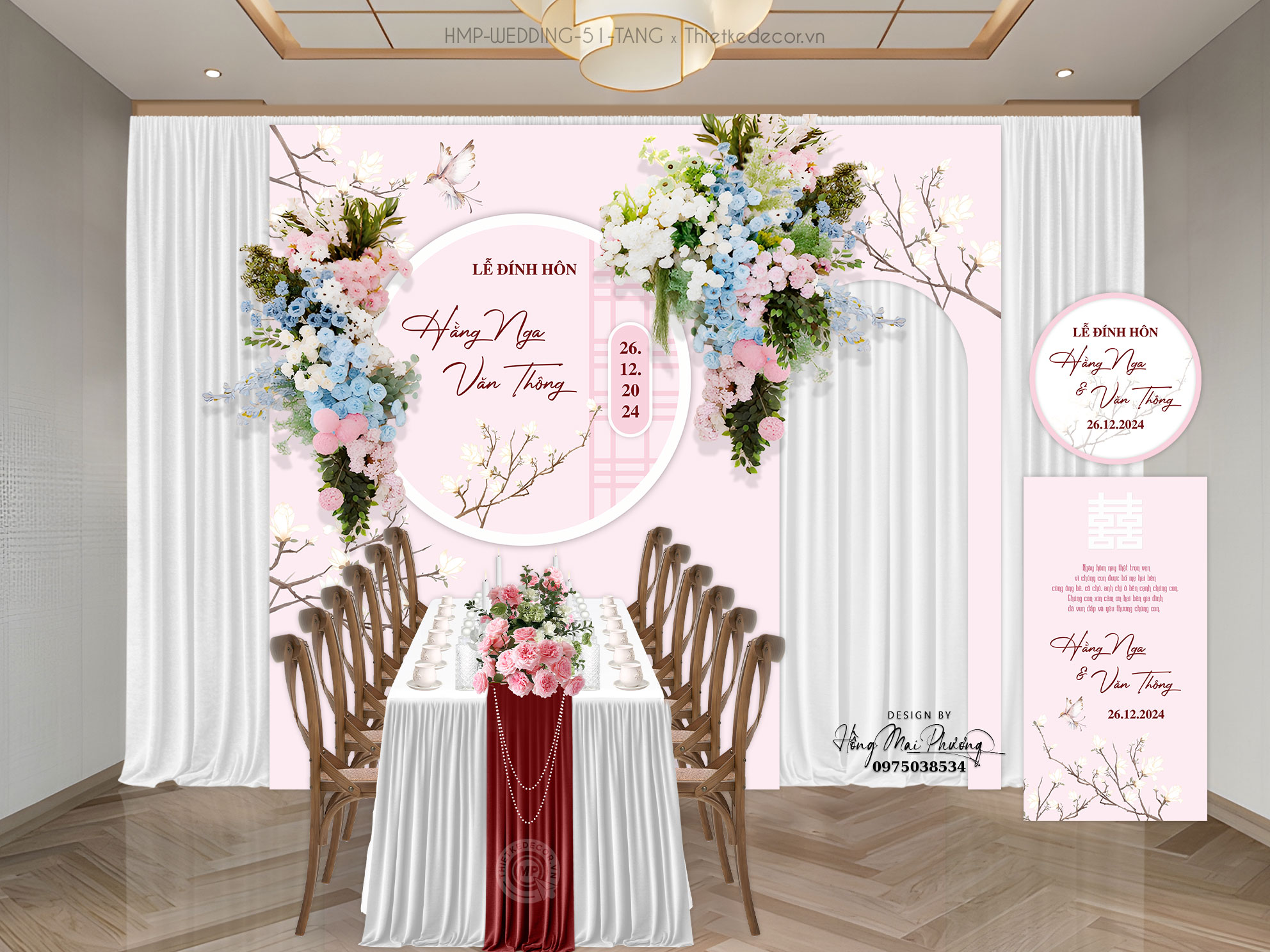 Gia Tiên tone hồng họa tiết cành hoa kèm tem nước và tag bàn